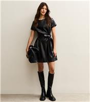 Women's Black Faux Leather Belted Mini Dress New Look