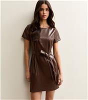 Women's Dark Brown Faux Leather Belted Mini Dress New Look