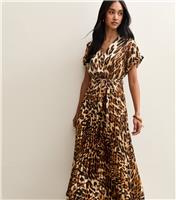 Women's Brown Animal Print Satin Pleated Wrap Midi Dress New Look