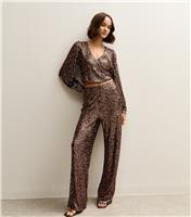 Women's Mid Brown Sequin Soft Touch Wide Leg Trousers New Look
