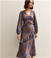 Women's Brown Floral Satin Ruffled Midi Dress New Look