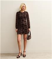 Women's Brown Floral Flocked Mini Dress New Look