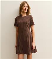 Women's Brown Pinstriped Short Sleeve Mini Dress New Look