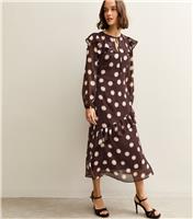 Women's Brown Chiffon Blurred Polka Dot Midi Dress New Look