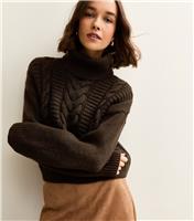 Women's Dark Brown Cable Knit Roll Neck Jumper New Look