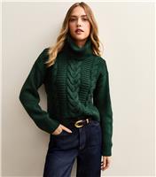 Women's Dark Green Cable Knit Roll Neck Jumper New Look