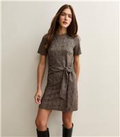 Women's Brown Bark Print Tie Belt Mini Dress New Look