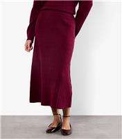 Women's Burgundy Fine Cable Knit Midi Skirt Apricot New Look