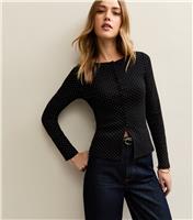 Women's Black Polka Dot Button Up Long Sleeve Top New Look