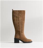 Women's Light Brown Faux Suede Heeled Knee High Boots Vegan New Look