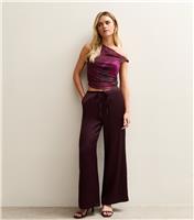 Women's Petite Burgundy Satin Wide Leg Trousers New Look