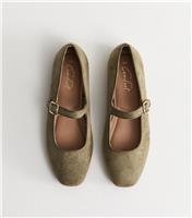 Women's Dark Khaki Faux Suede Mary Jane Ballet Flats Vegan New Look