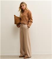 Women's Petite Camel Pinstripe Tie Waist Wide Leg Trouser New Look