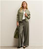 Women's Petite Dark Green Pinstripe Tie Waist Wide Leg Trouser New Look