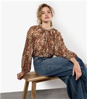 Women's Rust Patchwork Feather Print Chiffon Top Apricot New Look