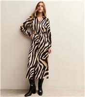 Women's Black Satin Zebra Print Shirt Dress New Look