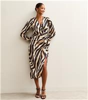 Women's Black Zebra Print Satin Tie Waist Midi Dress New Look