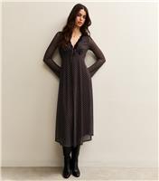 Women's Burgundy Polka Dot Long Sleeve Lace Mesh Midi Dress New Look