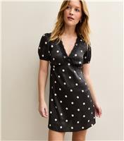 Women's Black Polka Dot Lace Trim Satin Mini Dress New Look