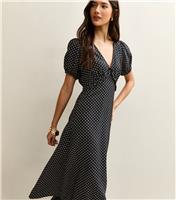 Women's Black Polka Dot Print Short Sleeve Midi Dress New Look
