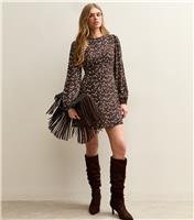 Women's Brown Floral Print Long Sleeve Mini Dress New Look
