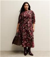 Women's Plus Size Burgundy Floral Cropped Sleeve Midi Dress Curves New Look