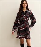 Women's Black Floral Long Sleeve Mini Shirt Dress New Look