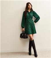 Women's Bright Green Polka Dot Long Sleeve Mini Shirt Dress New Look