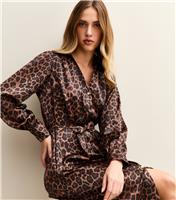 Women's Brown Satin Animal Print Shirt Dress New Look