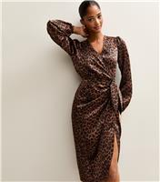 Women's Brown Satin Animal Print Wrap Midi Dress New Look