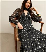 Women's Black Ditsy Floral Bow Chiffon Midi Dress New Look