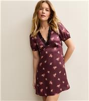 Women's Burgundy Floral Lace Trim Mini Dress New Look