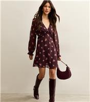 Women's Burgundy Floral Chiffon Mini Dress New Look