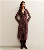 Women's Brown Ditsy Print Long Sleeve Lace Mesh Midi Dress New Look