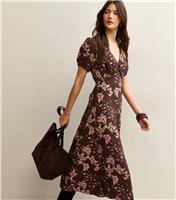 Women's Brown Floral Print Short Sleeve Tea Midi Dress New Look