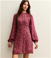 Women's Red Ditsy Floral Long Sleeve Mini Dress New Look