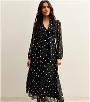 Women's Black Polka Dot Bow Chiffon Midi Dress New Look