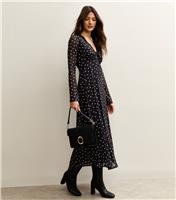 Women's Black Polka Dot Mesh Long Sleeve Midi Dress New Look