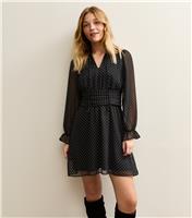Women's Black Polka Dot Waisted Chiffon Mini Dress New Look