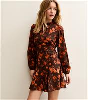 Women's Brown Floral Tie Neck Long Sleeve Mini Dress New Look