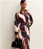 Women's Brown Geometric Print Satin Tie Waist Shirt Dress New Look