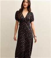 Women's Black Floral Print V-Neck Midi Dress New Look