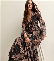Women's Black Floral Print Tie Neck Chiffon Midi Dress New Look