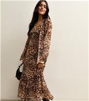 Women's Brown Printed Chiffon Tie Neck Midi Dress New Look
