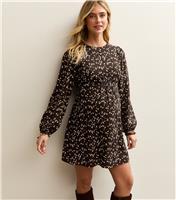 Women's Maternity Dark Brown Ditsy Long Sleeve Flutter Mini Dress New Look