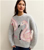 Women's Light Grey Flamingo Slogan Midweight Knit Jumper New Look