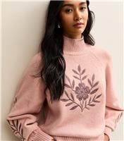 Women's Pink Floral Embroidery High Neck Jumper New Look