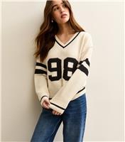 Women's Cream Football V-Neck Jumper New Look