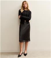 Women's Black Satin Lace Trim Skirt New Look