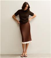 Women's Dark Brown Satin Lace Trim Skirt New Look